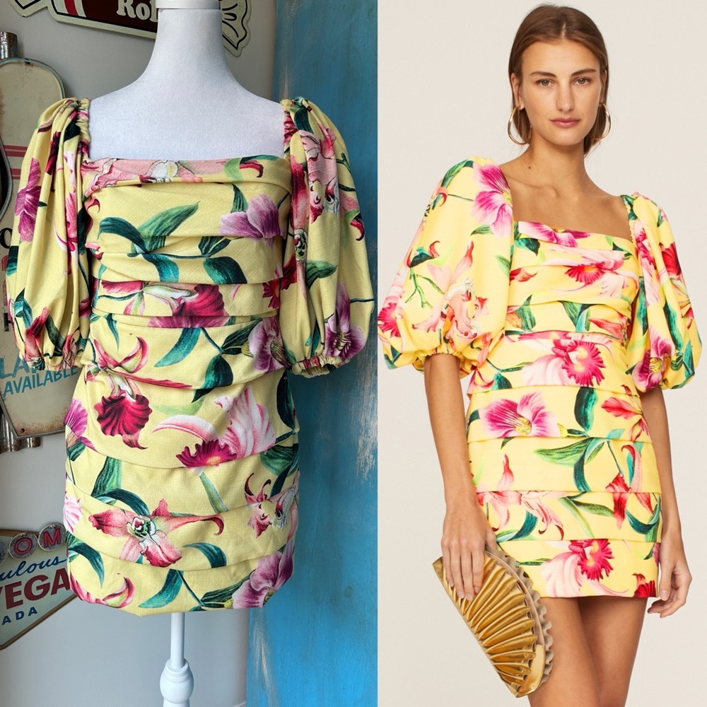 PatBO Yellow Floral Puff-Sleeve Mini Dress